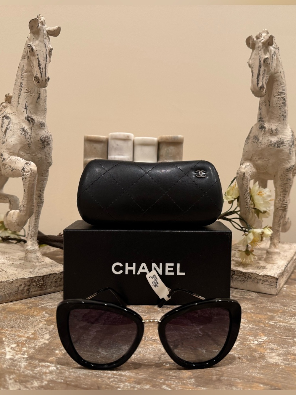 CHANEL Black Gradient Cat-Eye Sunglasses with Quilted Case